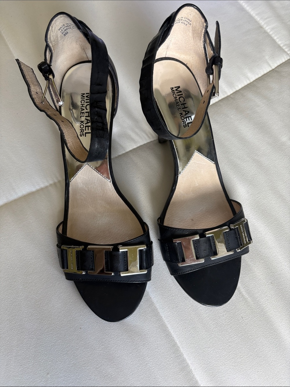 Michael Kors Black Leather Open-Toe Ankle-Strap Heels with Gold Accent